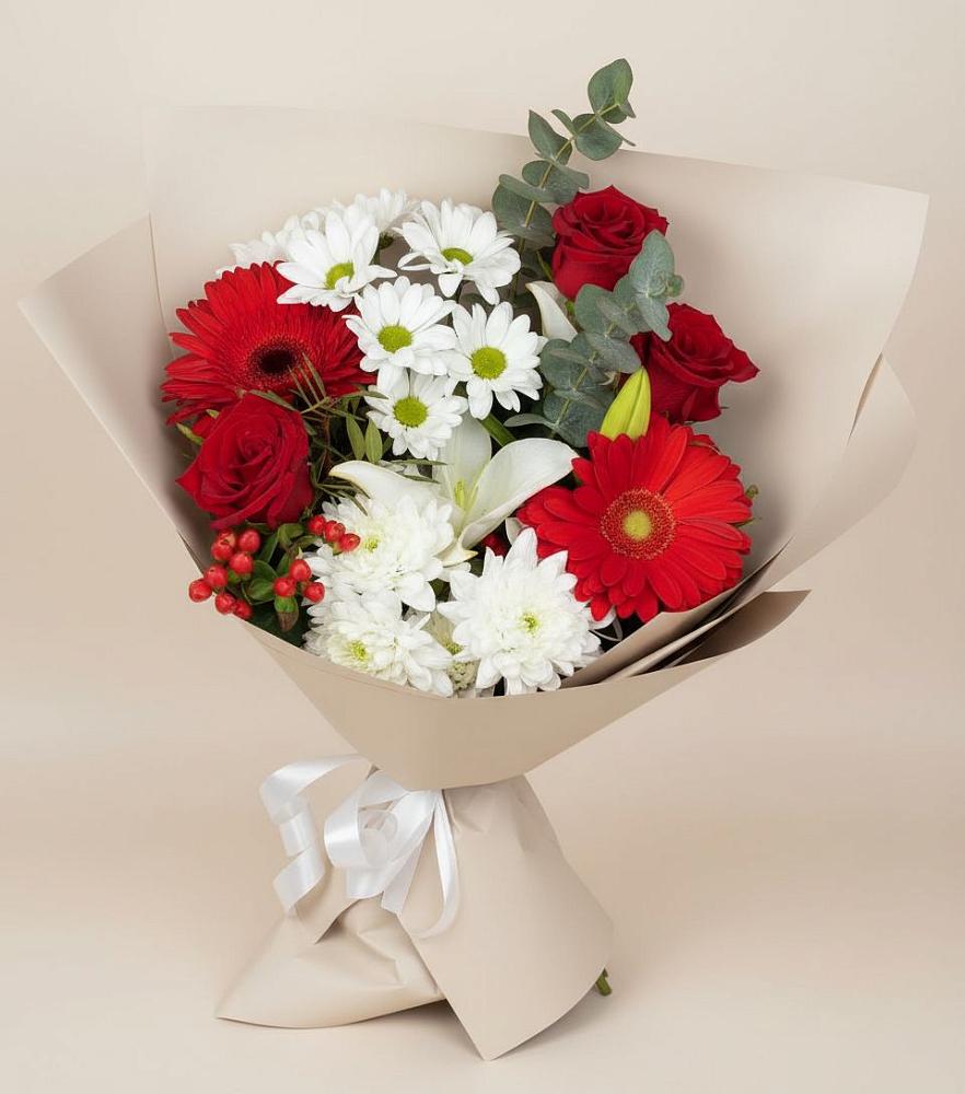 Букет цветов из: Розы, Хризантемы, Герберы и Лилии в Чернышевский