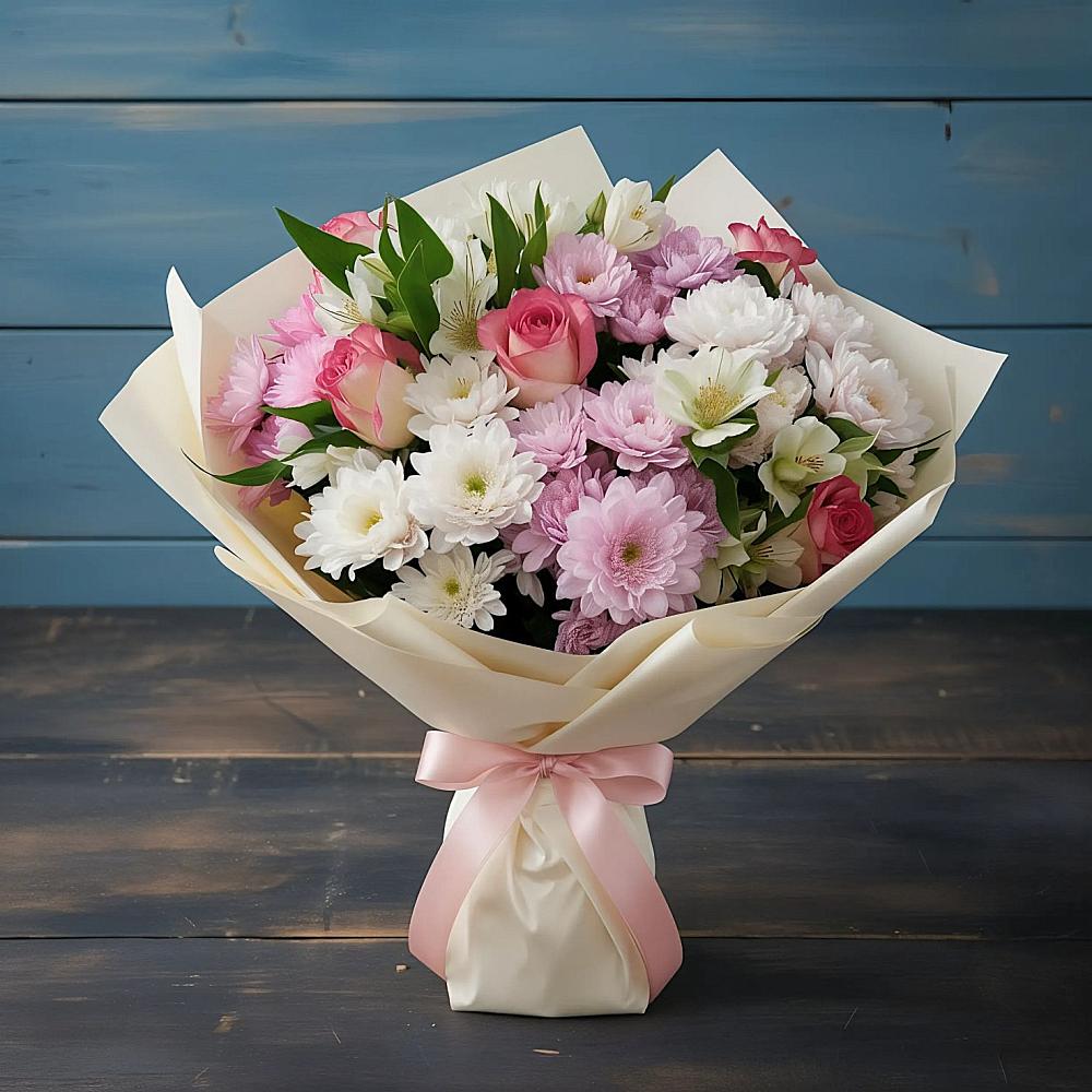 Букет цветов из: Хризантемы, Альстромерии и Розы в Чернышевский